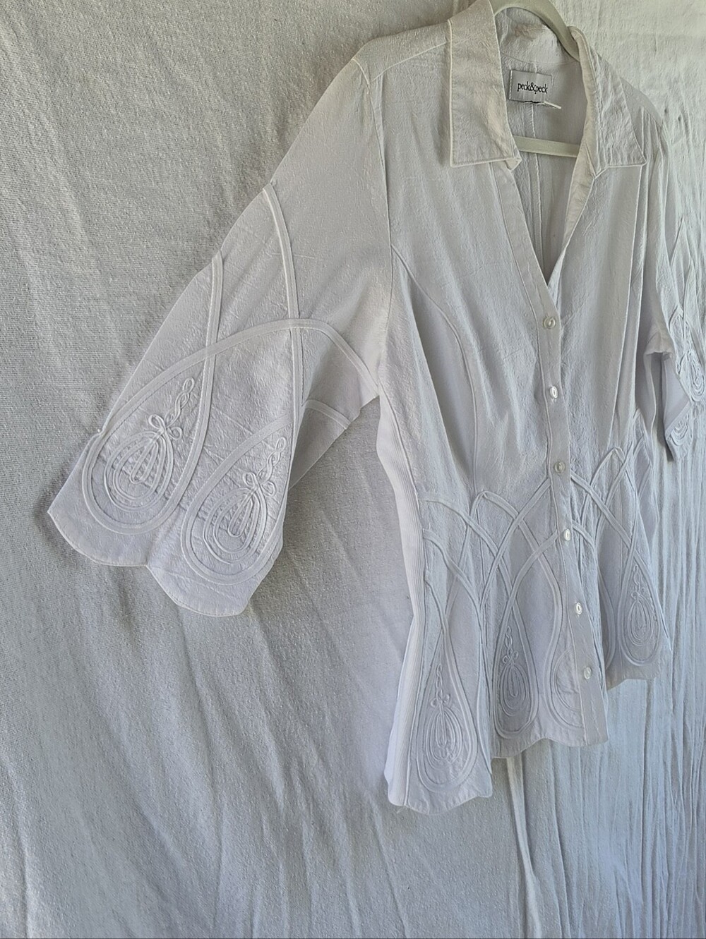 Peck & Peck White Embroidered Button-Down Blouse Cotton Tailored Fit Womens Sz L - Picture 6 of 11